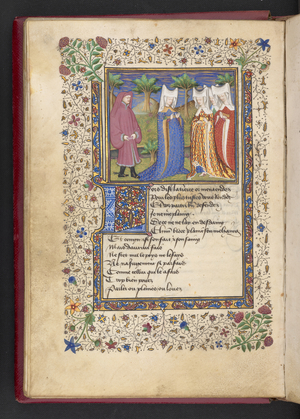Add MS 21247 f.40v A gentleman and three ladies, from 'Le livre des quatre dames' by Alain Chartier (ink, colour & gold on vellum)
