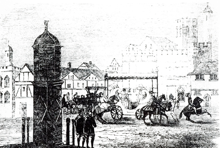 An engraving depicting Cornhill in the time of Elizabeth I, showing the Queen travelling through in a coach, 19th century