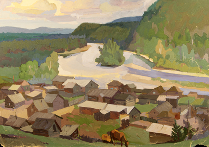 Russian Northern Village with Cows, 1970s (tempera on paper)