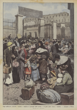 After unspeakable suffering, thousands and thousands of refugees from Austria, mostly women  (colour litho)