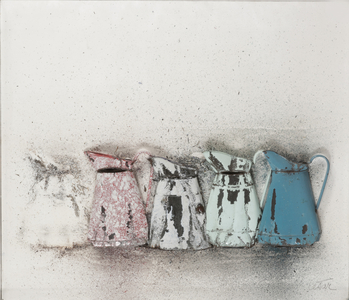 Homage to Morandi (compressed enamel jugs on panel in plexiglas)
