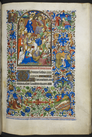 Add Ms 18850 f.126r Hours of All Saints [for Tuesday], A Gathering of saints, Decorated borders, with St. George, and scenes of the martyrdoms of Sts. Denis, Catherine, Lawrence and Stephen, Text with decorated initial 'D', from Book of Hours (The Bedford Hours) c.1410-30 (ink, colour & gold on vellum)