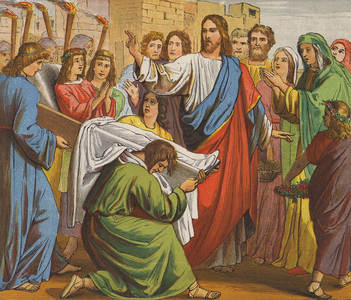 Jesus Christ raising the son of the widow of Nain (colour litho)