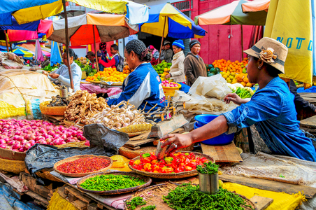 Colourful produce on display, Analakely Market, Antananarivo, Madagascar.
