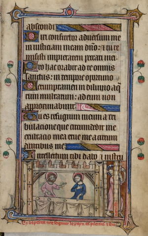 Bas-de-page scene of the two disciples, both nimbed at a table in a building, with Christ outside behind a pillar holding a staff, looking back at them