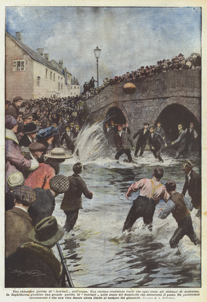 A rowdy game of foot-ball in the water (colour litho)
