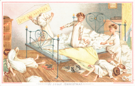 Boys having a pillow fight, Christmas Card (chromolitho)