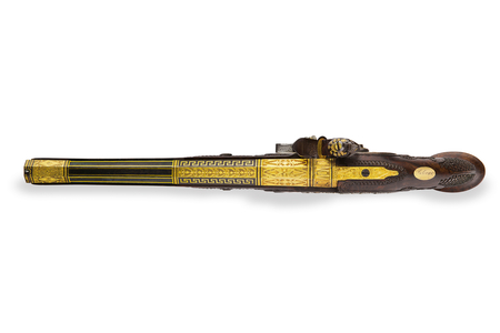 One of a pair of silver-mounted rifled flintlock pistols, Versailles, 1825 (steel mounted with silver & gold inlay)