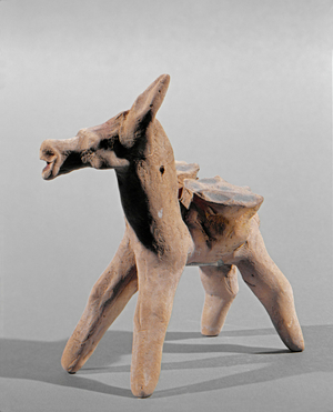 Donkey carrying a basket on either side of its back …
