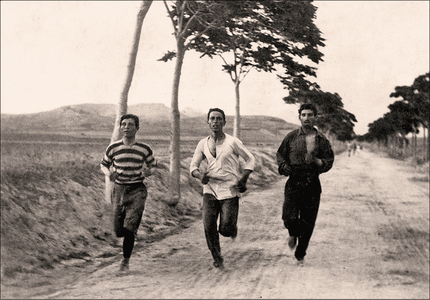 Three men compete in a marathon in the first Olympic games, Athens, Greece 1896 (photo)