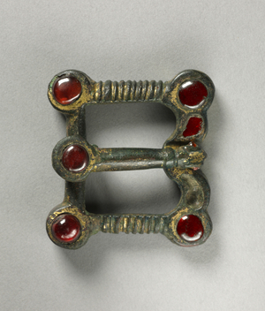 Buckle with Animal-Shaped Thorn and Belt Plate, 400s (bronze with traces of gilding and garnets) 
