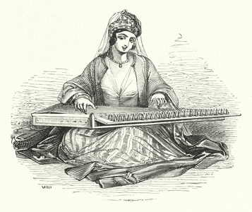 Lady playing on the Kanoon (engraving)
