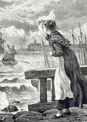An engraving depicting a sailor's sweetheart waving goodbye as he is rowed out to his ship, 19th century