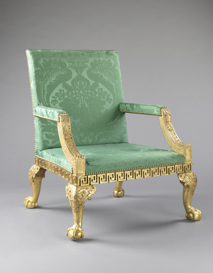 Armchair, c.1740 (gilded walnut, beech, brass & reproduction silk damask upholstery)