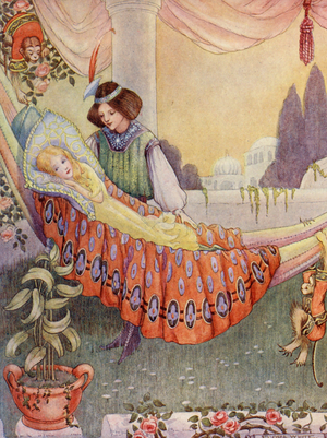 The princess put the maidens into hammocks (colour litho)