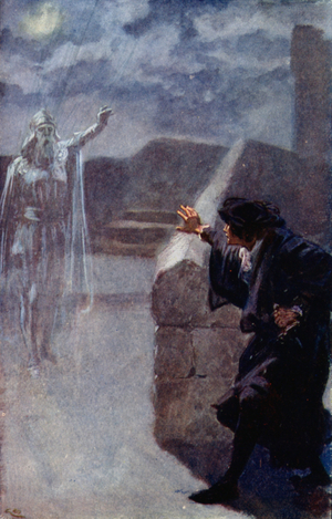 Hamlet sees his father's ghost (colour litho)