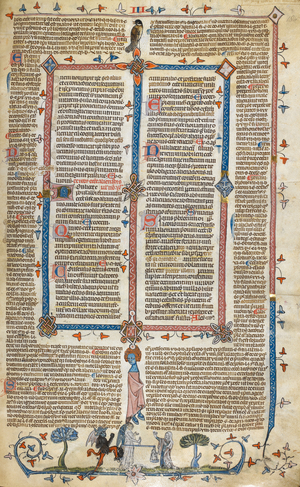 Bas-de-page scene of an angel holding a human soul in a set of scales; the Devil attempts to weigh down one side, while the Virgin intercedes on the other