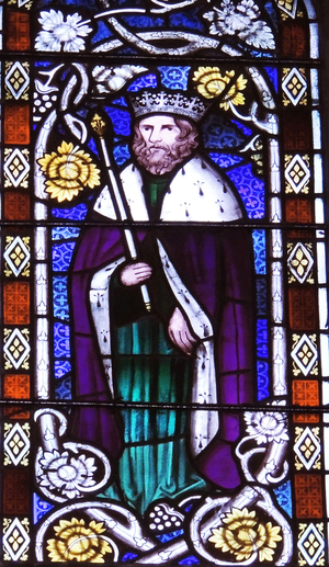 The stained glass 'east window' depicting King Ahaz, Bristol cathedral, England.