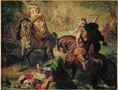 Chefs de tribus arabes se defiant au combat singulier, sous les ramparts d'une ville (oil on canvas)