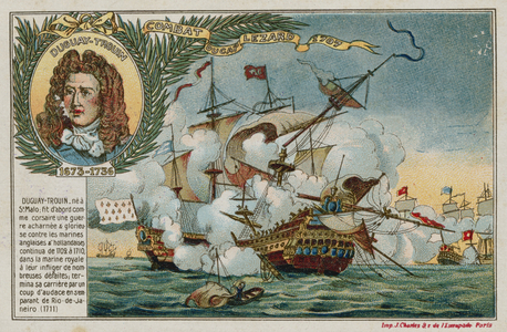 Trade card with an image depicting the Battle at The Lizard (chromolitho)