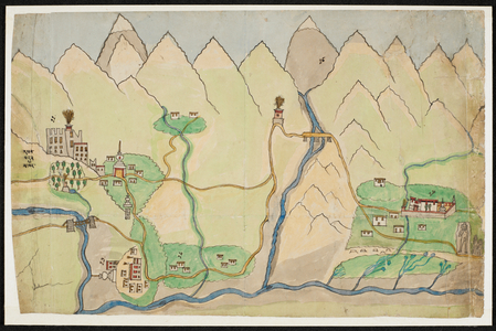 22. Pahdoon khar' [caption' dpah-bdun-mkhar']' a fort built by Raja Téchok Num-gyen, son of a Raja of Ladak. Much gold is said to be found in the river at this place'.

'23. Village of Pipiting, where the governor resides'

'24. do of Sawoh'

'25. Gumpa of Sanee' [caption on drawing, section 5' Sa-ni], said to have been originally built by Asoka, the sect are Dugpas, where the figures are is a place for disposing of the dead in early times'.

'26. Shahpotah, where a deota is supposed to reside: an ore no.4 is found on it'