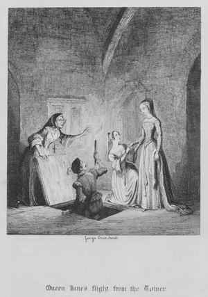 Queen Jane's flight from the Tower (engraving)