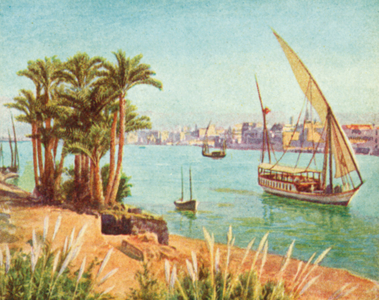 The Nile, View near Cairo (colour litho)