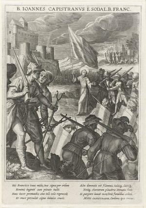 Saint John of Capistrano (1386-1456) leads the Christian forces in the siege of Belgrado, 1615 (engraving)