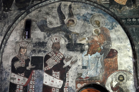 Queen TAMAR and her husband. Assumption of the Madonna. Vardzia church, 12th century (fresco)
