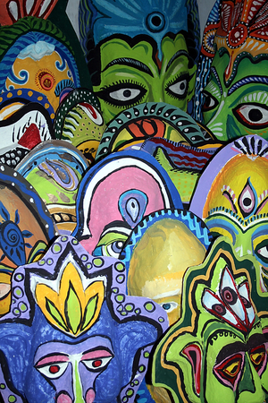 A collection of masks, used in the Chaitra Shankranti festival which celebrates the last day of the last month of Bengali calendar, Chaitra. Chittagong, Bangladesh. March 15, 2008.  (photo)