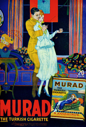 USA: Advertisement for 'Murad' brand Turkish cigarettes featuring Orientalist themes, Sosterios Anargyros, New York, c. 1915 (poster)