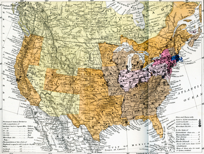 Map showing the average density of the population of the United States of America in 1880 and of the Dominion of Canada in 1881.