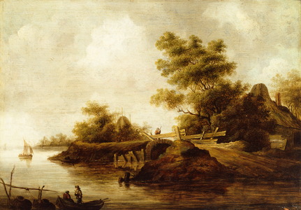 A River Landscape with Figures in a Boat and a Traveller on a Bridge (oil on panel)