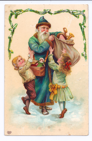 Edwardian Christmas postcard of Father Christmas holding a sack of toys while two children try to reach for it, c.1910 (colour litho)