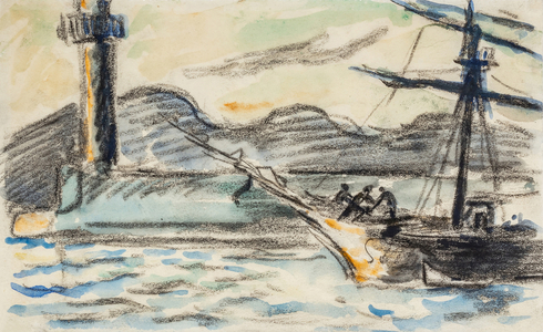 Saint-Tropez. The lighthouse and pier faintly, (watercolour and pencil on paper)
