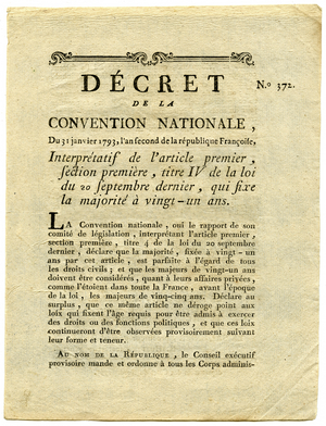 Decree of the National Convention fixing the civil majority at twenty-one years of age, 1793 (printing)