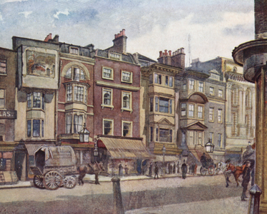 Lost London: Old Houses in the Strand, next to the Adelphi Theatre (colour litho)