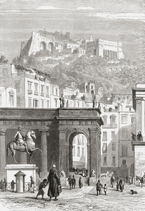 Sant'Elmo castle and the Certosa di San Martino, Naples, Italy in the late 19th century.  From Italian Pictures by Rev. Samuel Manning, published c.1890.