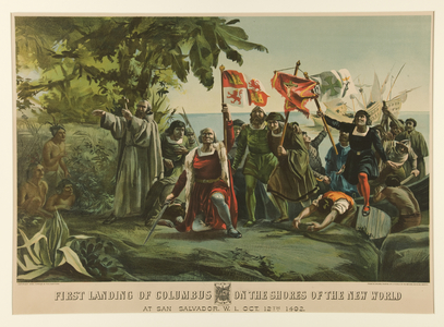 First Landing of Columbus on the Shores of the New World, 1892 (colour lithograph)