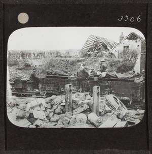 Wounded being moved by light railway near Feuchy, 29 April 1917 (lantern slide)