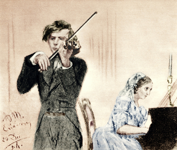 JOACHIM  Joseph playing violin and accompanying Clara Schumann on the piano.  Painting by Adolph Menzel, 1854.  Hungarian (Germanized) violinist. Violinist, composer, conductor       (1831-1907)