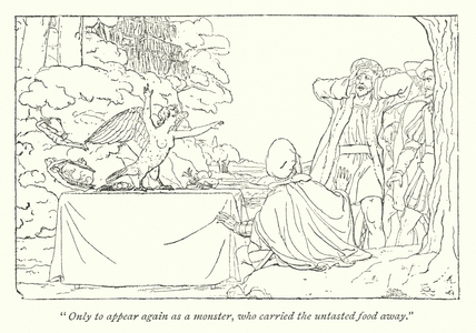 Shakespeare's The Tempest; Ariel, as a harpy, claps his wings upon the table (engraving)