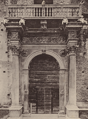 Doorway of Palazzo Sacrati, Prosperi, Ferrara (b/w photo)
