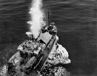 Japanese Freighter Bombed (b/w photo)