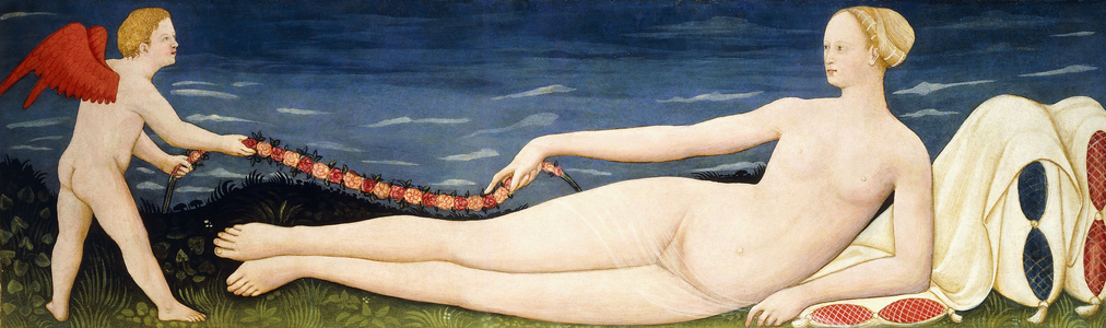 Venus on Pillows holding a Garland of Flowers with a Putto,  (tempera on panel)