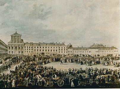 Ludwig van Beethoven's funeral procession in 1827 from the Schwarzspanierhaus to the Holy Trinity Church in the Alsergasse, Vienna (watercolour)