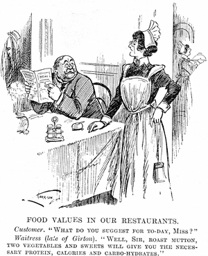 The effect of university education for women on everyday life. Cartoon from Punch, London, 14 February 1917. Waitress, late of Girton College, Cambridge, is able to advise surprised diner on the nutrition he will derive from his meal.