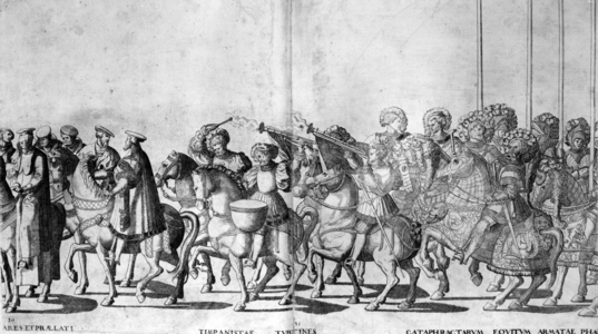 Plate 30 and 31 of the Entry of Pope Clement VII and Emperor Charles V into Bologna on 24 February 1530, published c.1530 (engraving)