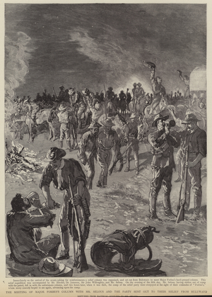 The meeting of Major Forbes's Column with Mr Selous and the party sent out to their relief from Buluwayo (engraving)