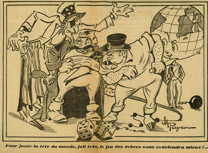 Uncle Sam Stalin and Churchill Sharing the world drawing by Payen in the National Revolution of March 1, 1942